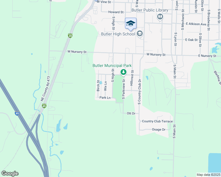 map of restaurants, bars, coffee shops, grocery stores, and more near 816 South High Street in Butler
