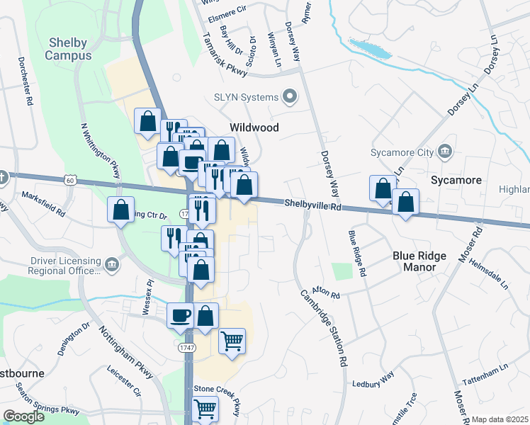 map of restaurants, bars, coffee shops, grocery stores, and more near 9906 Shelbyville Road in Louisville