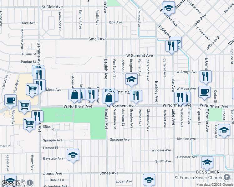 map of restaurants, bars, coffee shops, grocery stores, and more near 1219 Jackson Street in Pueblo