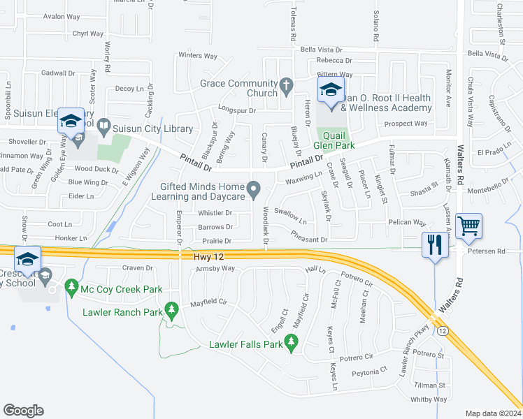 map of restaurants, bars, coffee shops, grocery stores, and more near 520 Woodlark Drive in Suisun City