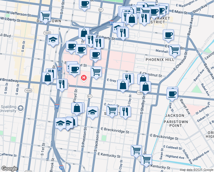 map of restaurants, bars, coffee shops, grocery stores, and more near 540 East Pin Alley in Louisville
