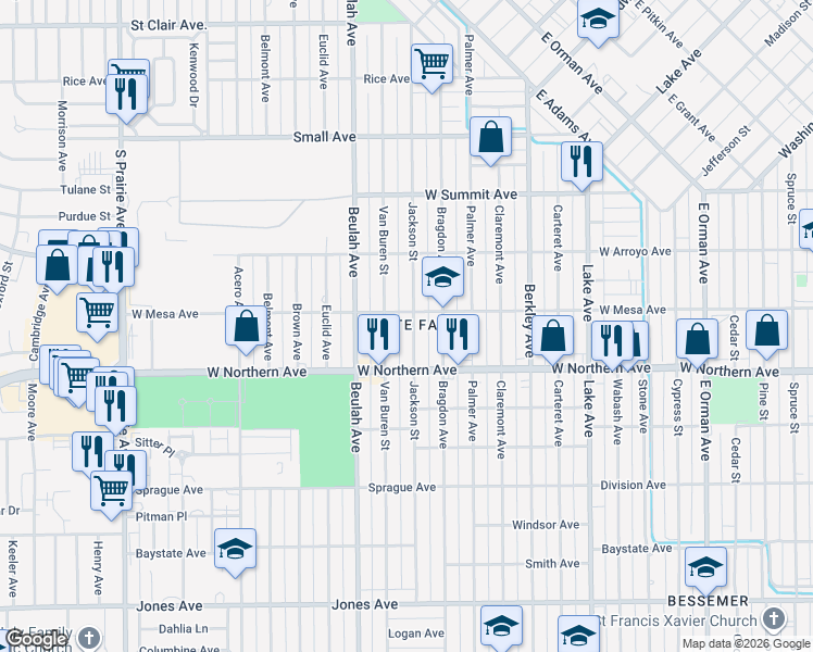 map of restaurants, bars, coffee shops, grocery stores, and more near 1219 Jackson Street in Pueblo