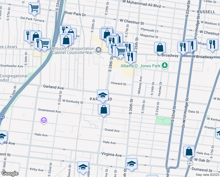 map of restaurants, bars, coffee shops, grocery stores, and more near 849 South 28th Street in Louisville