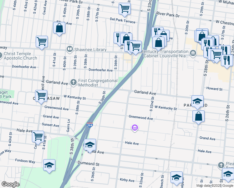 map of restaurants, bars, coffee shops, grocery stores, and more near 3506 Garland Avenue in Louisville