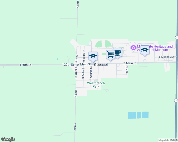 map of restaurants, bars, coffee shops, grocery stores, and more near 125 South Church Street in Goessel