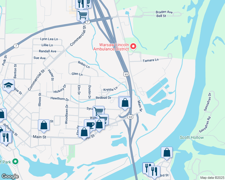 map of restaurants, bars, coffee shops, grocery stores, and more near Krystie Lane in Warsaw