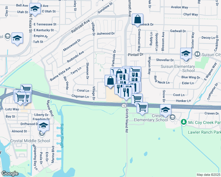 map of restaurants, bars, coffee shops, grocery stores, and more near 270 Sunset Avenue in Suisun City