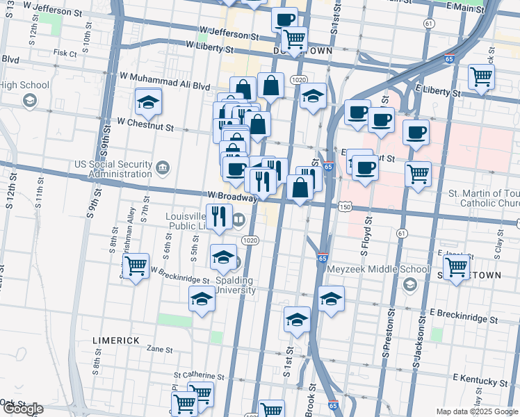 map of restaurants, bars, coffee shops, grocery stores, and more near 707 South 3rd Street in Louisville