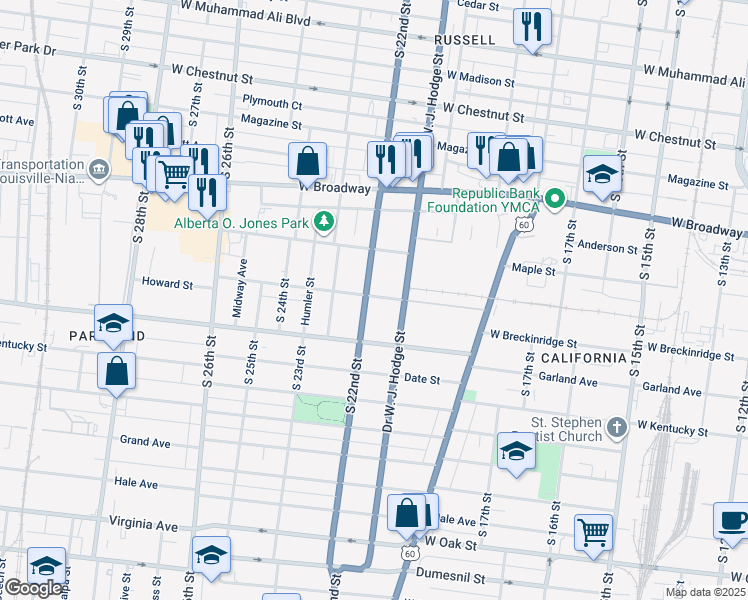 map of restaurants, bars, coffee shops, grocery stores, and more near 2116 Howard Street in Louisville
