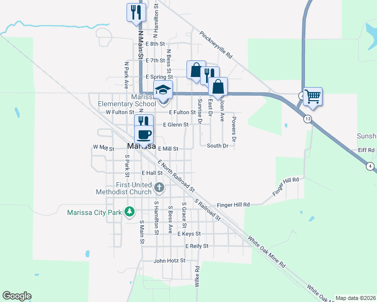 map of restaurants, bars, coffee shops, grocery stores, and more near in Marissa