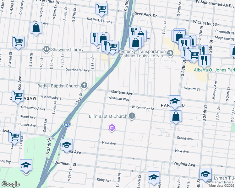 map of restaurants, bars, coffee shops, grocery stores, and more near 3300 Garland Avenue in Louisville