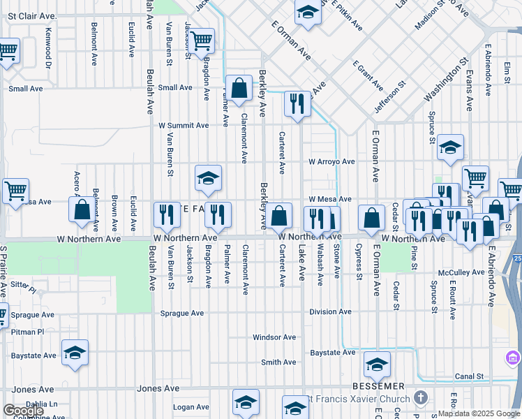 map of restaurants, bars, coffee shops, grocery stores, and more near 1209 Berkley Avenue in Pueblo