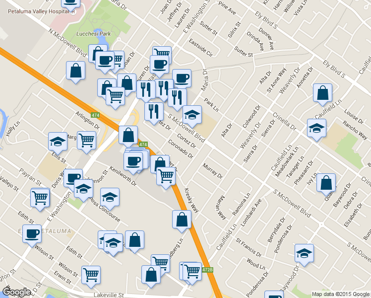 map of restaurants, bars, coffee shops, grocery stores, and more near 429 Coronado Drive in Petaluma