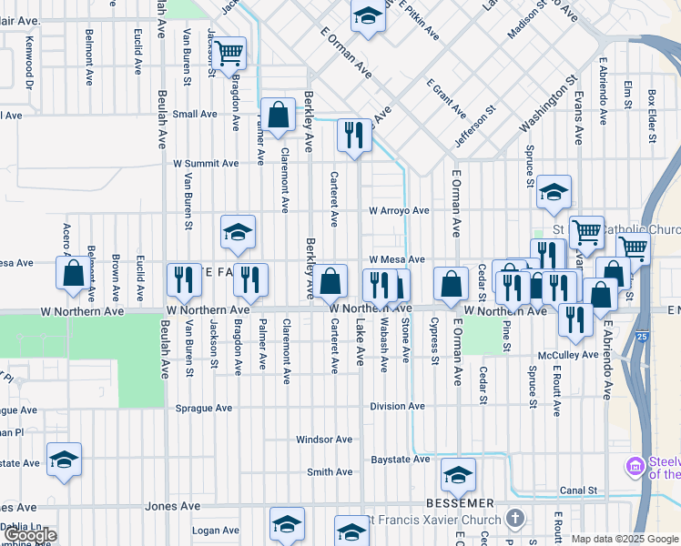 map of restaurants, bars, coffee shops, grocery stores, and more near 1212 Carteret Avenue in Pueblo