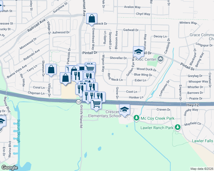 map of restaurants, bars, coffee shops, grocery stores, and more near 608 Wigeon Way in Suisun City