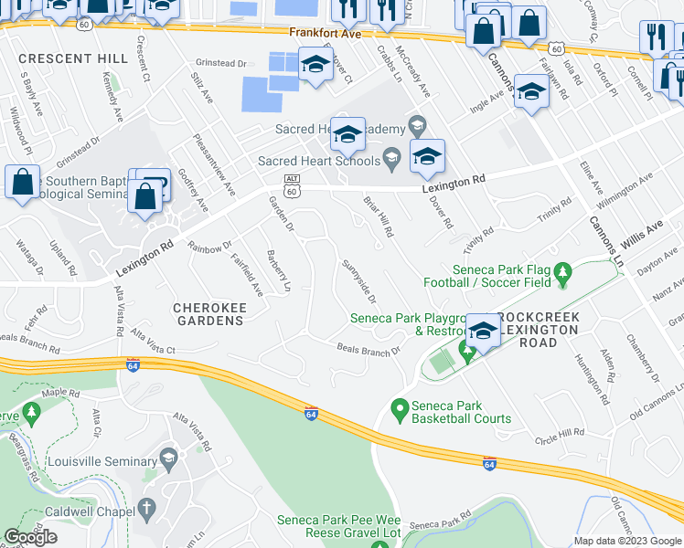 map of restaurants, bars, coffee shops, grocery stores, and more near 535 Sunset Rd in Louisville