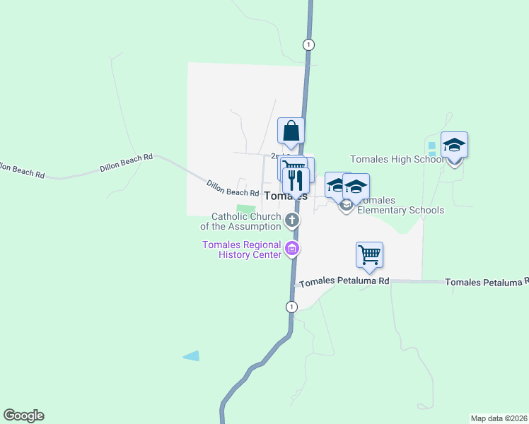 map of restaurants, bars, coffee shops, grocery stores, and more near 10 Church Street in Tomales