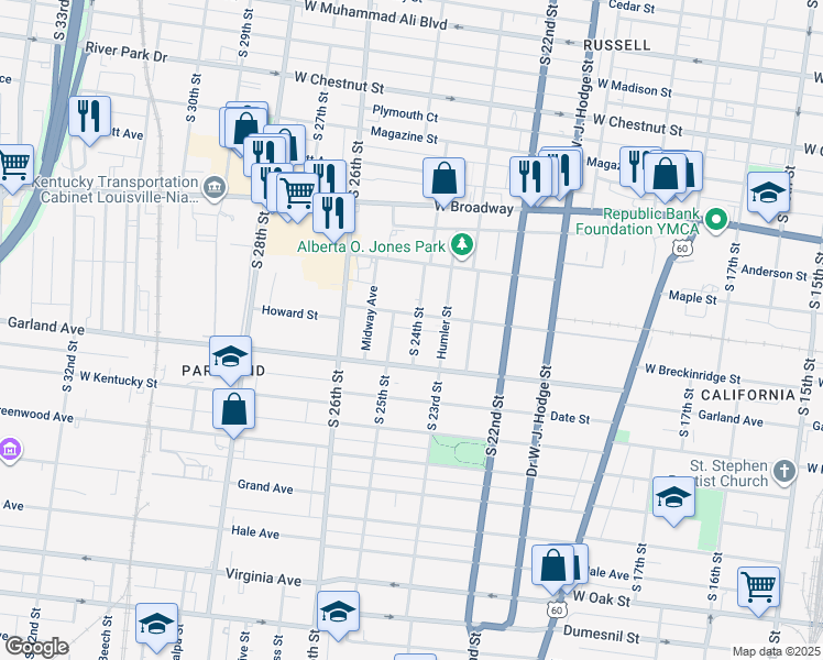 map of restaurants, bars, coffee shops, grocery stores, and more near 850 South 24th Street in Louisville