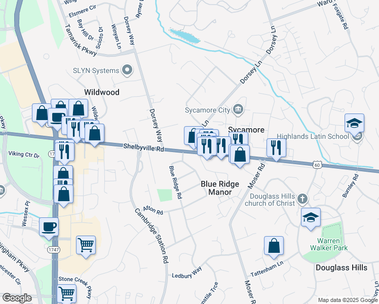 map of restaurants, bars, coffee shops, grocery stores, and more near 10226 Shelbyville Road in Louisville