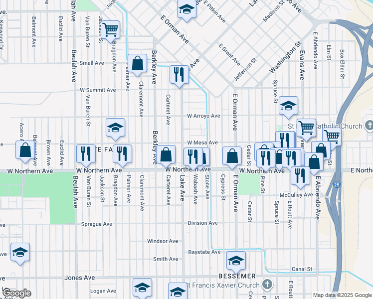 map of restaurants, bars, coffee shops, grocery stores, and more near 1208 Lake Ave in Pueblo
