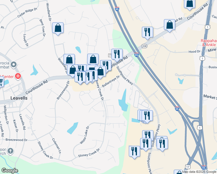 map of restaurants, bars, coffee shops, grocery stores, and more near 10706 Gideon Court in Fredericksburg