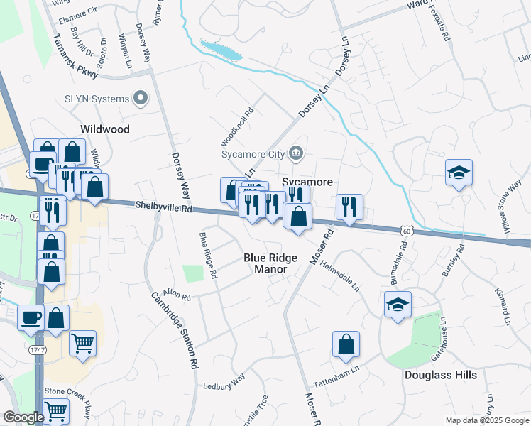 map of restaurants, bars, coffee shops, grocery stores, and more near 10335 Shelbyville Road in Blue Ridge Manor