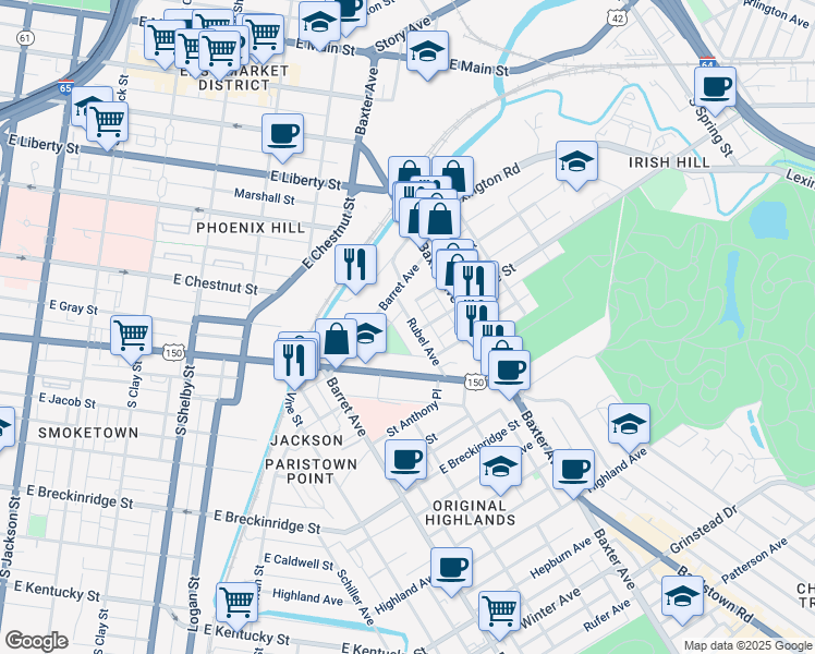 map of restaurants, bars, coffee shops, grocery stores, and more near 604 Rubel Avenue in Louisville