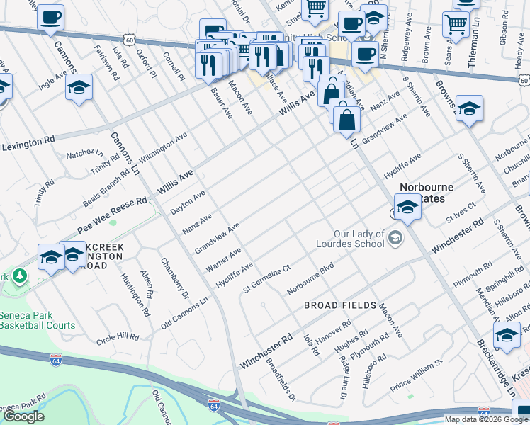 map of restaurants, bars, coffee shops, grocery stores, and more near 3426 Grandview Avenue in Louisville