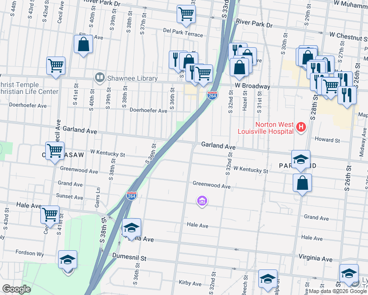 map of restaurants, bars, coffee shops, grocery stores, and more near 3506 Garland Avenue in Louisville