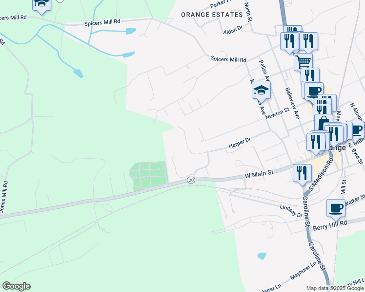 map of restaurants, bars, coffee shops, grocery stores, and more near 384 Harper Drive in Orange