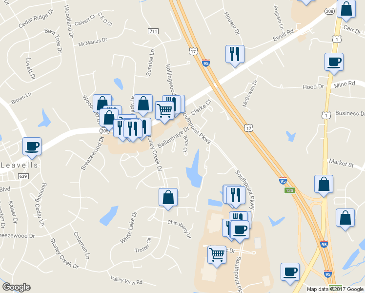 map of restaurants, bars, coffee shops, grocery stores, and more near 10720 Brice Court in Fredericksburg