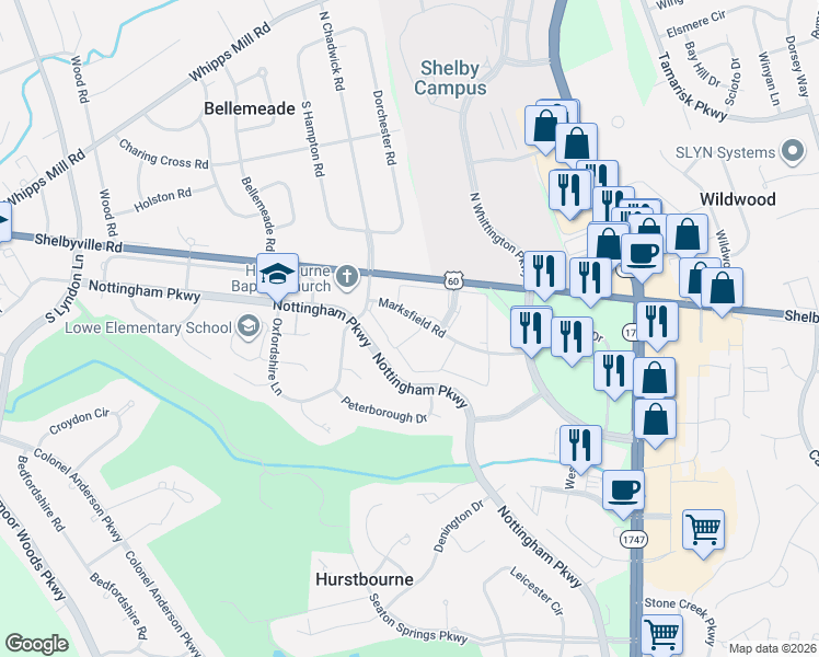 map of restaurants, bars, coffee shops, grocery stores, and more near 8808 Marksfield Road in Hurstbourne