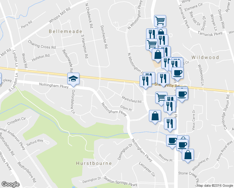 map of restaurants, bars, coffee shops, grocery stores, and more near 8808 Marksfield Road in Hurstbourne