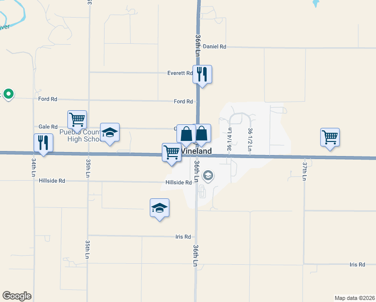 map of restaurants, bars, coffee shops, grocery stores, and more near 35969 U.S. 50 Business in Pueblo
