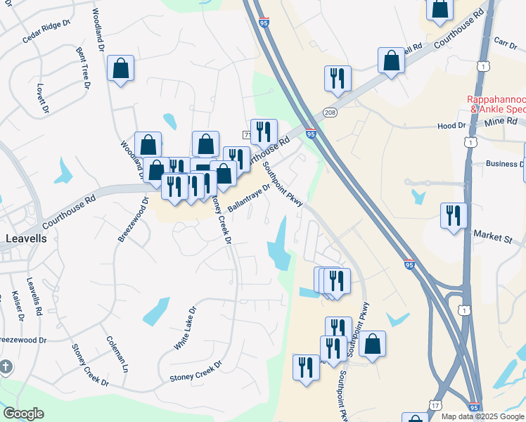 map of restaurants, bars, coffee shops, grocery stores, and more near 10720 Brice Court in Fredericksburg