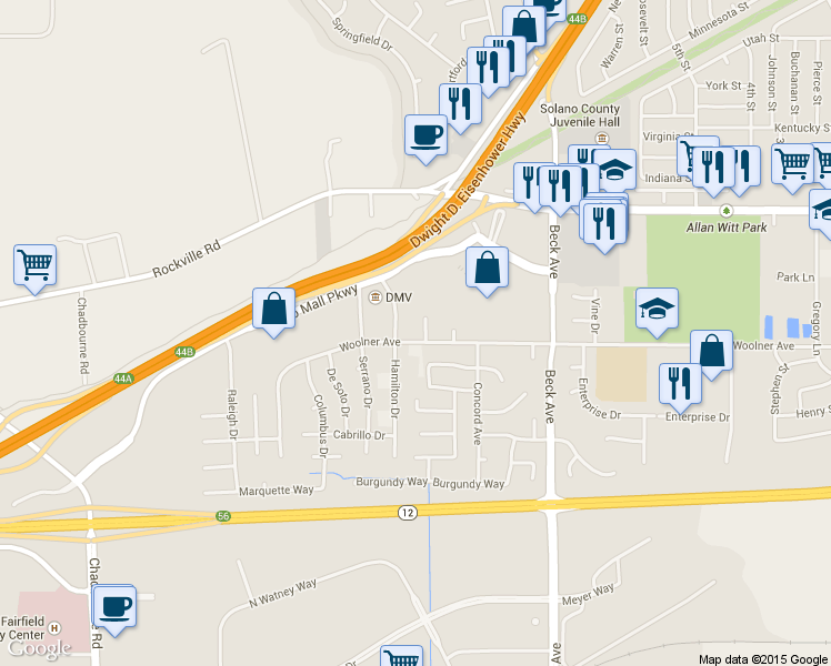 map of restaurants, bars, coffee shops, grocery stores, and more near 2280 Woolner Avenue in Fairfield