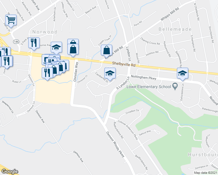 map of restaurants, bars, coffee shops, grocery stores, and more near 8226 Nottingham Parkway in Louisville