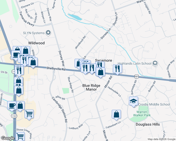 map of restaurants, bars, coffee shops, grocery stores, and more near 10335 Shelbyville Road in Blue Ridge Manor