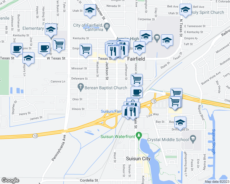 map of restaurants, bars, coffee shops, grocery stores, and more near 801 Broadway Street in Fairfield