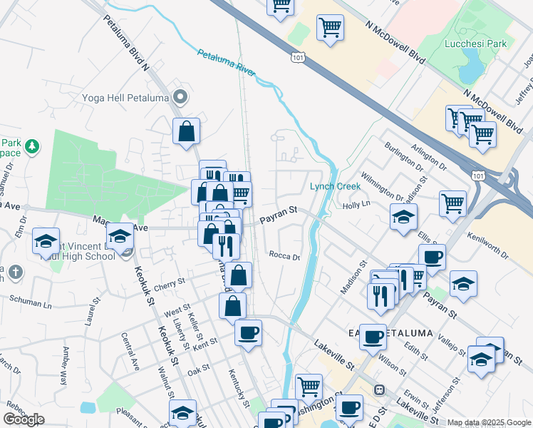 map of restaurants, bars, coffee shops, grocery stores, and more near 148 West Payran Street in Petaluma