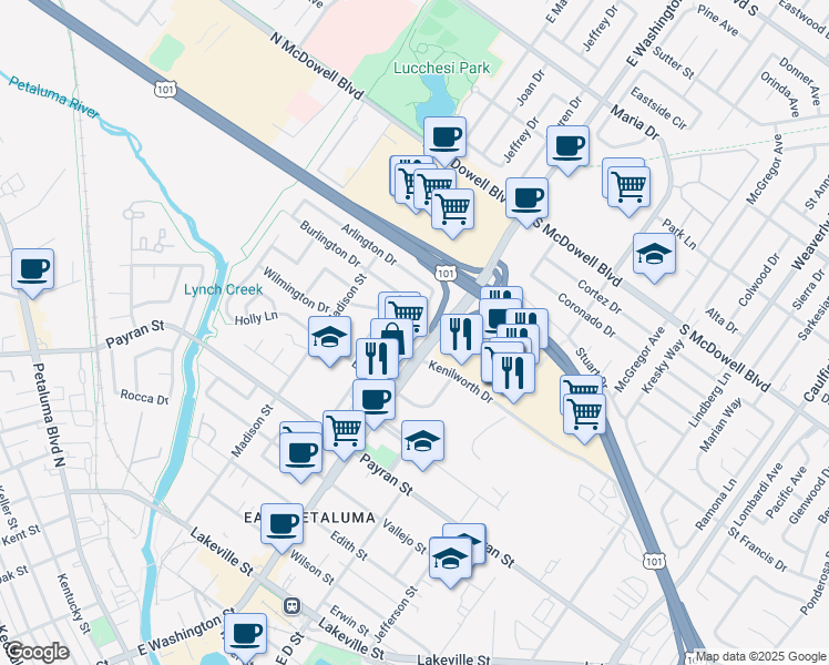 map of restaurants, bars, coffee shops, grocery stores, and more near 949 Martin Circle in Petaluma