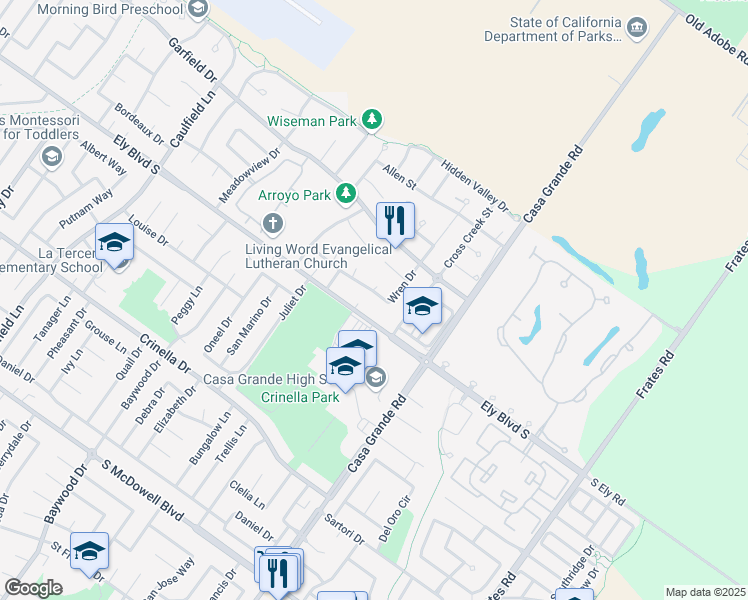 map of restaurants, bars, coffee shops, grocery stores, and more near 1048 Wren Drive in Petaluma