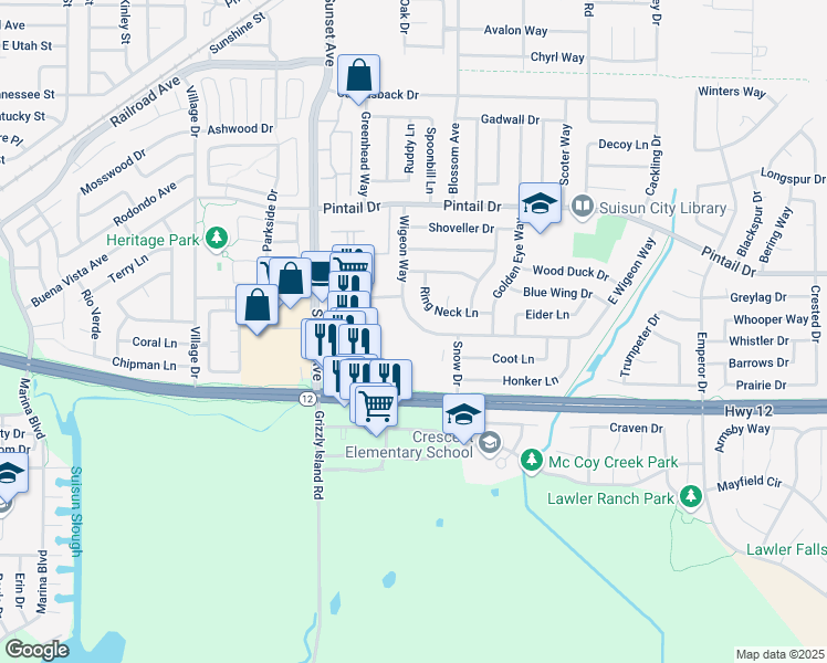 map of restaurants, bars, coffee shops, grocery stores, and more near 608 Wigeon Way in Suisun City