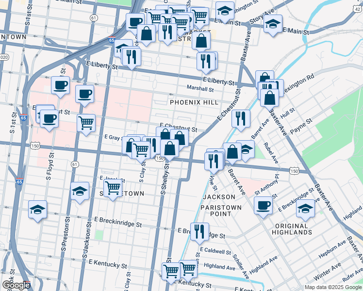 map of restaurants, bars, coffee shops, grocery stores, and more near 818 East Gray Street in Louisville