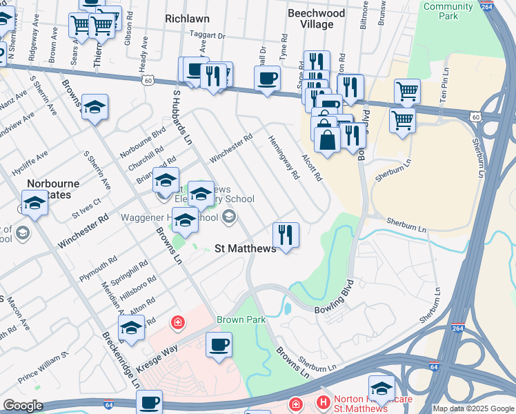 map of restaurants, bars, coffee shops, grocery stores, and more near 329 Monohan Drive in Louisville