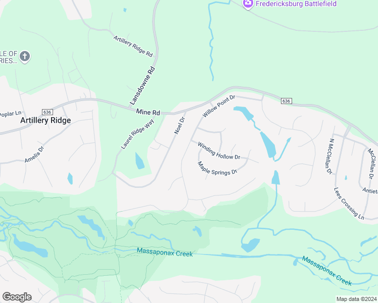 map of restaurants, bars, coffee shops, grocery stores, and more near 13007 Willow Point Drive in Fredericksburg