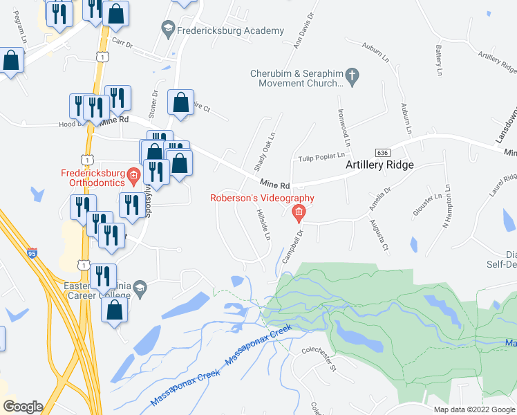 map of restaurants, bars, coffee shops, grocery stores, and more near 10109 Hillside Lane in Fredericksburg