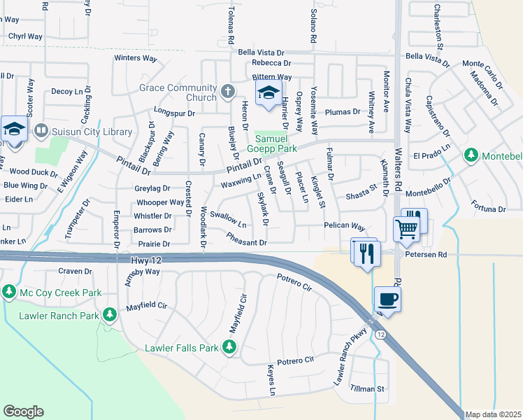 map of restaurants, bars, coffee shops, grocery stores, and more near 604 Skylark Drive in Suisun City