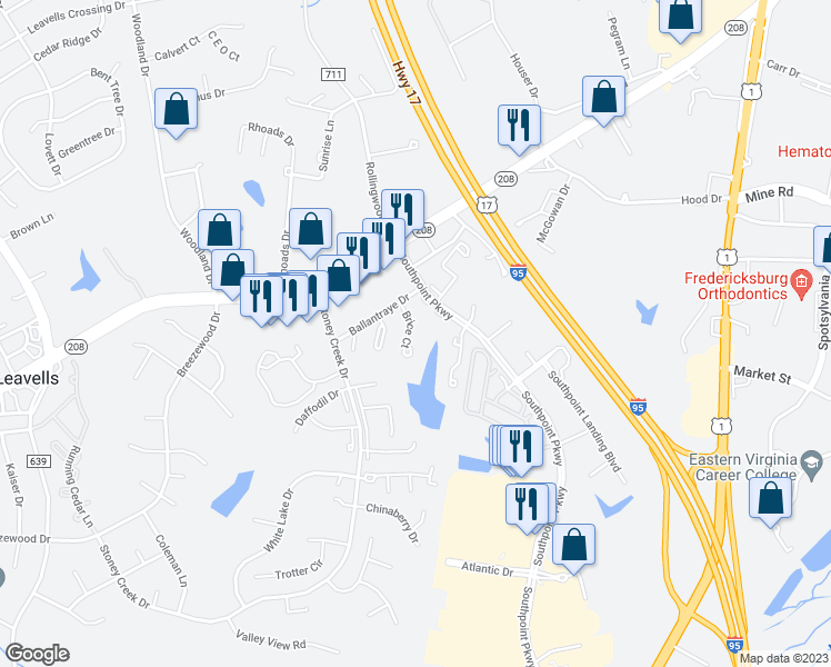 map of restaurants, bars, coffee shops, grocery stores, and more near 10719 Brice Court in Fredericksburg