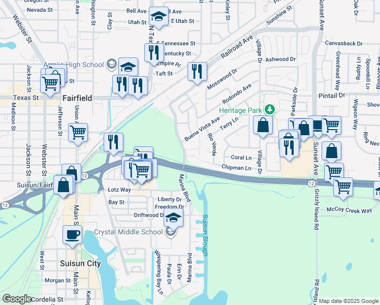 map of restaurants, bars, coffee shops, grocery stores, and more near 201-203 Marina Blvd in Suisun City